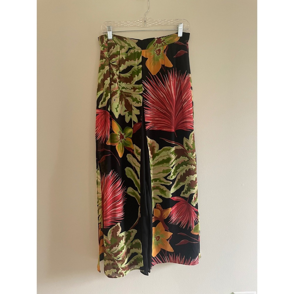 Cache Vintage 90s Tropical Floral Split Leg Palazzo Pants Black Size 10 USA Made